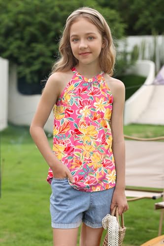 Image of BesserBay Girls Summer Back Button Halter Neck Tank Top Cold Shoulder Casual Blouse Pleated Sleeveless Shirts 5-14 Years