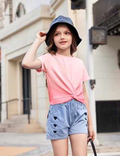 Image of Arshiner Girls Casual Tie Dye Short-Sleeve T-Shirt Cute Print Summer Blouse for Girls Twist Front Tunic Tee Tops
