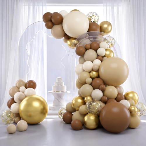 Image of RUBFAC Brown Balloon Garland Arch Kit 129pcs Different Sizes Pack of 18 12 10 5 Inch, Latex Light Brown Coffee Sand White Cream Beige Confetti Gold Balloon Garland Arch Kit for Neutral Boho Bear