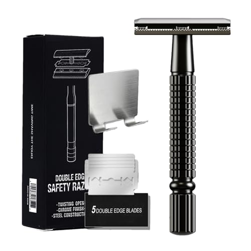 Razor de seguridad de doble tabla | Hombre de afeitado | Razor tradicional en acero inoxidable con 5 cuchillas de repuesto y soporte | Navajas de afeitar de barba seguras