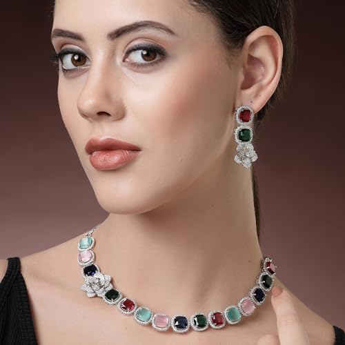 Image of ZENEME Jewellery Set Classic Style Rhodium Plated AD /American Diamond Studded Silver Plated Bejeweled Rose Necklace Jewellery Set for Women & Girls