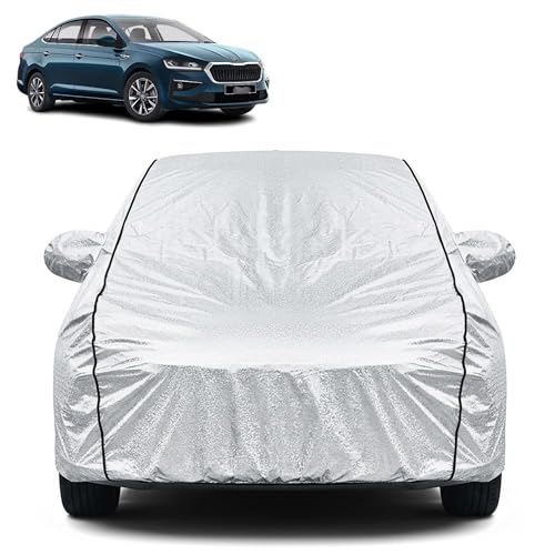 Image of Waterproof Car Cover for Skoda Slavia | Dustproof, UV Resistant & Scratch Protection | Soft Cotton Lining | Triple Stitched | Mirror Pockets & Elastic Fit | Silver