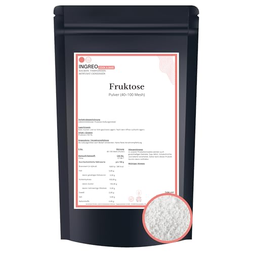 1 kg | Fruktose Pulver | Kristall Fruktose | 40100 Mesh | Lebensmittelqualität | Süßungsmittel Rohstoff | Getränke Backen Kochen | präzise Dosierung | INGREO