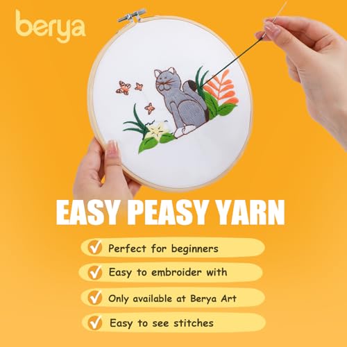 Image of Embroidery Kit for Adult Beginners, Cat Embroidery Kit with Step-by-Step Instructions and Video, Printed Cloth, 7.87 inch Hoop, Display Stand, Color Threads, Threader & Needles for Craft Lover(BED001)
