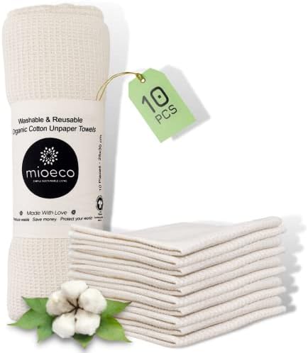mioeco 10 Pack Kitchen Paper Towels Washable - Super Absorbent Natural Paper Towels - Natural Cotton - Reusable, Absorbent, Paperless Kitchen Dish Cloths - 100% Organic Cotton Dish Towels