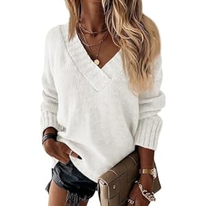 Wenrine Damen Pullover Winter Langarm V-Ausschnitt Strickpullover Sexy Lose Einfarbig