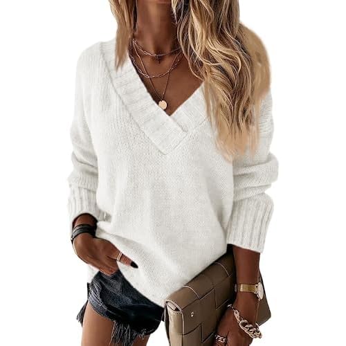 Wenrine Damen Pullover Winter Langarm V-Ausschnitt Strickpullover Sexy Lose Einfarbig