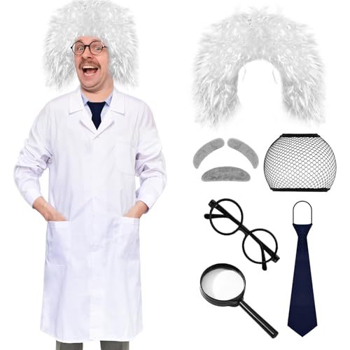 XonyiCos Adult Mad Scientist 8 Pcs Set 100th Day of School Wig White Lab Coat Albert Einstein Costume for Mens (3XL)