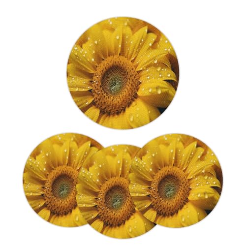 Mintoprints Juego de 4 manteles individuales redondos trenzados con diseño floral de girasol, manteles individuales lavables para mesa de comedor de cocina de 15 pulgadas