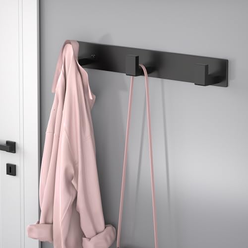 Image of PMMASTO Wall Mounted Coat Hooks- Stainless Steel Rust-Resistant Bathroom Hangers for Towels /Hats /Coats, Heavy-Duty Wall Mount Hooks with Screws (Black 3 Hooks, 2-Pack)