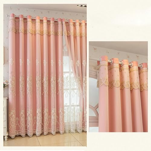 Rideau occultant polyester rose double couche broderies florales 102x214 de chambre