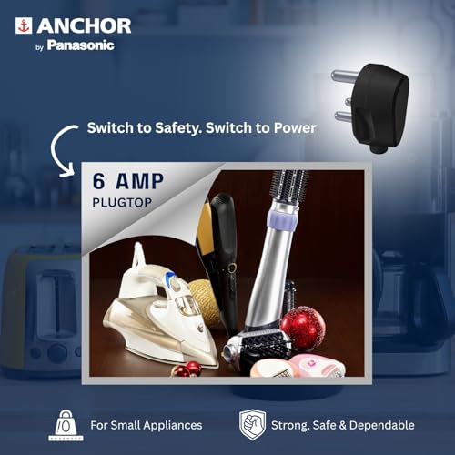 Image of Anchor by Panasonic Plug Top 6A, 3 Pin, ISI Certified, Secure Fit for Home, Office & Appliance Use - Black (Pack of 1)