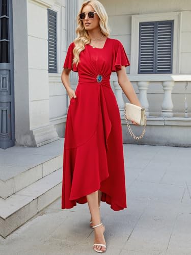 Image of QMZ Wedding Guest Dresses for Women V Neck Cocktail Dress Ruffle Sleeve A Line Evening Party Formal Dresses for Women