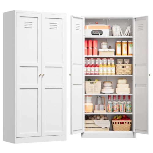 71" Tall Kitchen Pantry Storage Cabinet with 2 Doors and 5 Adjustable Shelve, Metal White Food Pantry Cabinet, Kitchen Cabinet Storage Unit,6 Tier Freestanding Cupboard for Kitchen Dining/Living Room