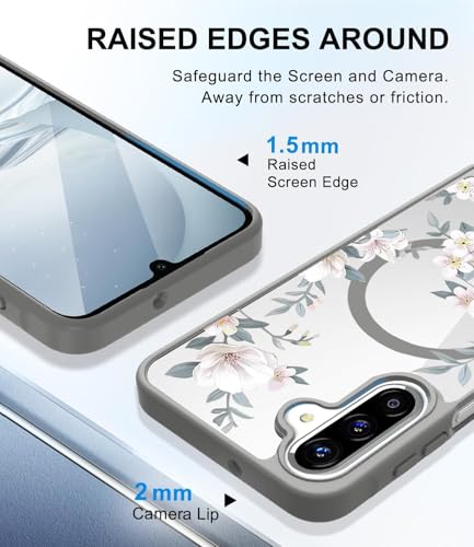 Image of VONZEE Compatible with Samsung Galaxy A36 5G Case Luxury Retro Flowers Floral Clear for Magnetic Wireless Charging Case Shockproof Case PC+TPU Cute Glossy Shiny Cover for Girls Women, Grey