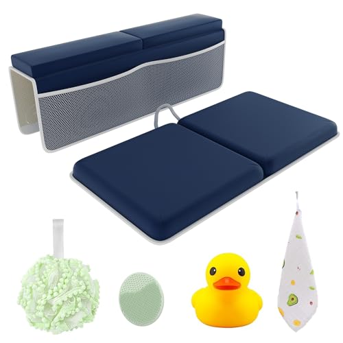 Image of Sleepah Bath Kneeler and Elbow Kneeling Rest Pad Set for Baby Bathing – Waterproof Soft Memory Foam Mat Organizer Babies & Toddler Bathing Time Toys Sponge (Blue)