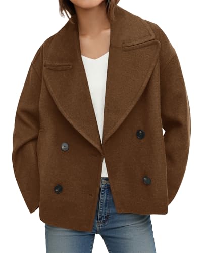 Image of Tankaneo Womens Cropped Wool Blend Pea Coat Casual Long Sleeve Double Breasted Notched Lapel Overcoat Jackets Brown