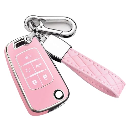Cacacar for Chevy Key Fob Cover with Keychain Premium TPU Full Protection Key Fob Case for Chevrolet Equinox Camaro Cruze Malibu Sonic Buick Terrain (5 Buttons Pink)