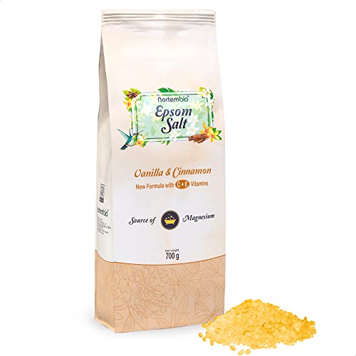Nortembio Sal de Epsom 700 g. Fragancia Vainilla y Canela. Sal de Baño Hidratada con Vitamina C y E. Relajación de Músculos, Aromaterapia y Buen Sueño. E-Book Incluido.