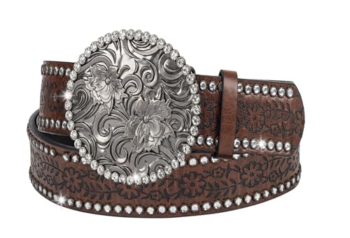Western-Belts for Women, Men-Belt with Rhinestone Buckle-Belts, Turquoise Carved Pattern Western-Belts