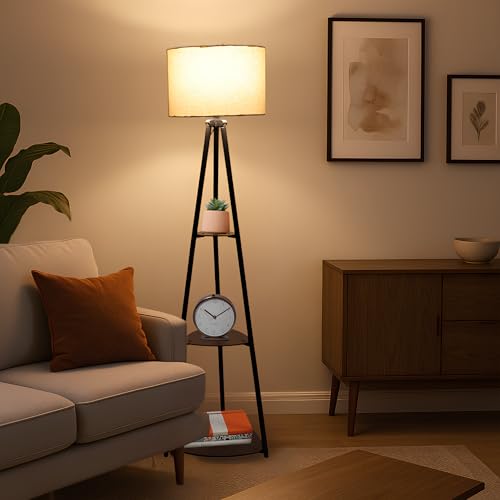Image of AKWAY Bamboo Tripod Floor Lamp for Living Room Cane Floor Lamp for Home Rattan for Living Room Standing Lamp Wooden Floor Standing lamp for Bedroom (Bulb Not Included) (Tripod Shelf Fabric 12 inchx8 inch)
