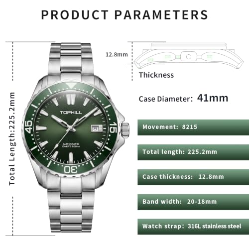 Image of TOPHILL Men Watches Automatic Mechanical Watches - Dive, GMT, Chronograph & Dress Styles | 316L Stainless Steel, Sapphire Crystal, Ceramic Bezel | 5ATM-300M Waterproof with Super Luminous | Classic Business & Sport Casual