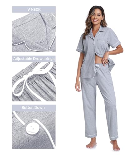 Image of CF Womens 100% Cotton Pajamas Set Button Down Pjs Sets Short Sleeve Top & Long Pants Sleepwear Comfy Loungewear with Pockets