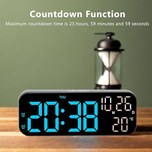 CCYLEZ LED Alarm Clock, Soft Light Multi Function Digital Clock Voice Control with Countdown Timer for Bedroom (Black Blue Lamp) - Image 4