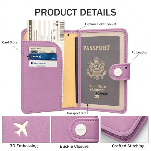 Image of ZOPPEN Passport Holder for Travel Essentials, RFID Blocking PU Leather Water-Resistant Lightweight Passport Cover with Multiple Card Slots, Easy to Carry Travel Wallet for Women Men, Elegant Purple