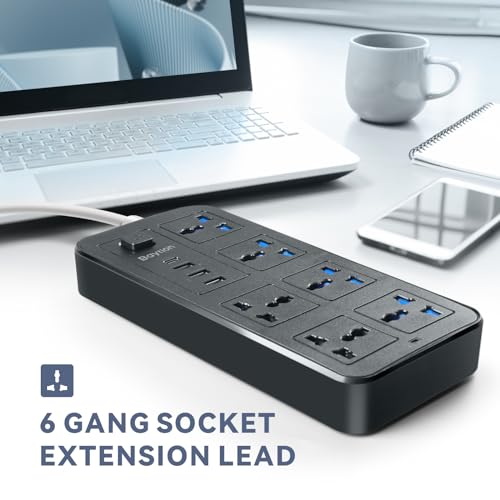 بايشن وصلة تمديد كهربائية عالمية مع 3 منافذ دبابيس، سلك تمديد مع 6 مقابس | 3 منافذ USB | منفذ واحد من النوع C، كيبلات طاقة تمديد بطول 1.88 متر للمنزل والمطبخ والمكتب (اسود)