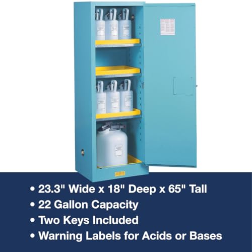 Image of Justrite Acid Corrosive Storage Cabinet - 22 Gallon 1 Door Slimline Manual Close Chemical Storage Cabinet with Removable Polyethelene Trays - 18 inch x 65 inch x 23 inch - Made in The USA - Light Blue - 892202