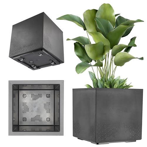 KADAX Maceta de Plástico Cuadrada Con Ruedas, 39x39cm, 7 Colores, Jardinera Con Drenaje de Corcho (Negro, Aspecto de Hormigón)