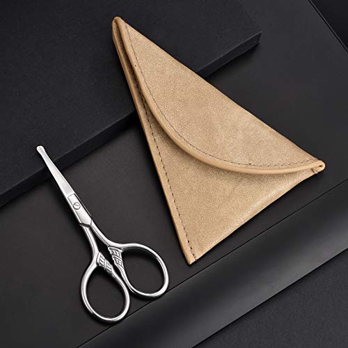 HITOPTY Facial Hair Scissors, 3.5inch Rounded Tip Small Shears Safety Nose, Ear, Eyebrow, Moustache Trimming Kit for Men Women Personal Grooming w/Pu Case