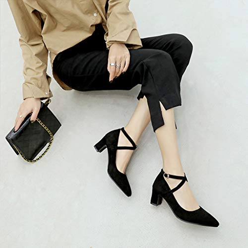 MIOKE Women's Pointed Toe Chunky Mid Block Heel Pumps Suede Comfy Cross Strap Mary Jane Elegant Dress Shoes3