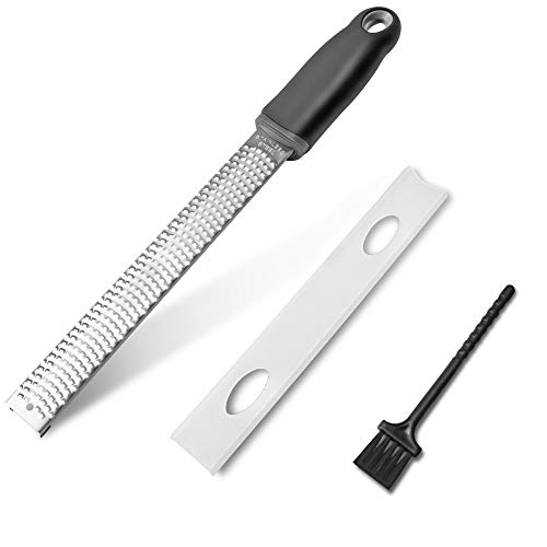 Lemon Zester, Cheese Grater, Food Grade 304 Stainless Steel, Razor-Sharp Blade, Semi-Soft TPR Rubber Handle, With Protective Cover and Cleaning Brush, Dishwasher Safe, Black, Narrow