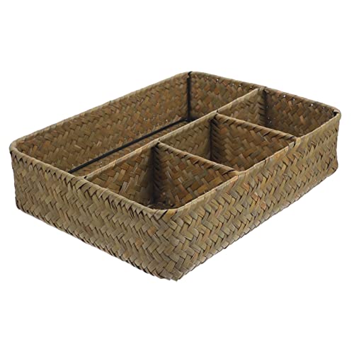 VINTORKY Woven Storage Basket for Coffee Station Tea Bag Dispenser Sugar Packet Holder Natural Bulrush Organizer with Compartment Design for Home Office Nursery