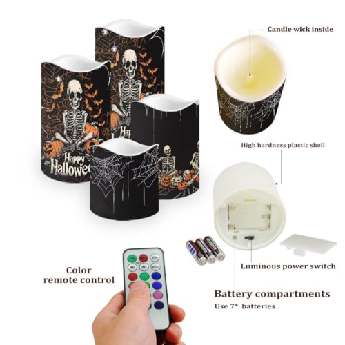 Image of Skeleton LED Flameless Candles with Remote Control | Halloween Flameless Candle Set with Timer, Battery Operated Fake Candles for Kitchen Room Home Decor, 4 Pack