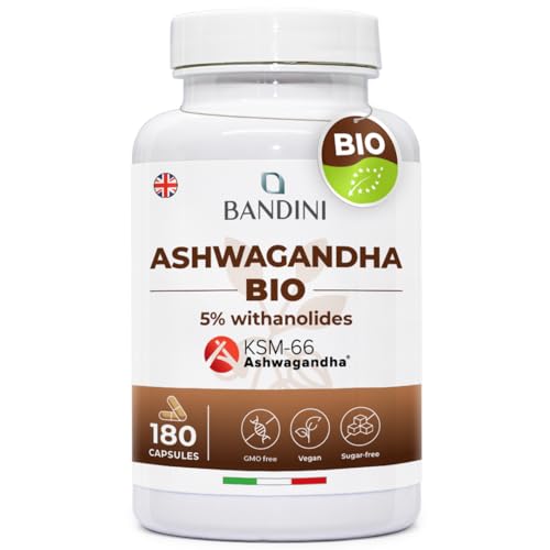 Bandini® Ashwagandha BIO KSM-66® Vegan (180 Capsules) - Withania Somnifera with 5% witanolides - Premium Quality: Organic Ashwagandha - Natural Supplement from Indian Ginseng Powder - Ayurvedic Remedy