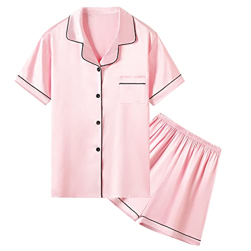 Image of Umeyda Women & Girls Pajamas Set, Soft Satin Lightweight Silk Button-Down Top with Shorts 2 Piece PJS for Mom Boys Kids Gifts