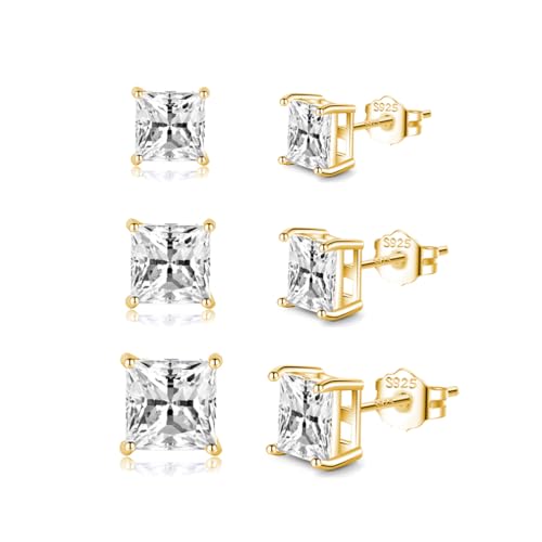SLUYNZ 925 Sterling Silver CZ Stud Earrings for Women Teens Cut Square CZ Stud Earrings Simulated Diamond Earrings 3 Pairs