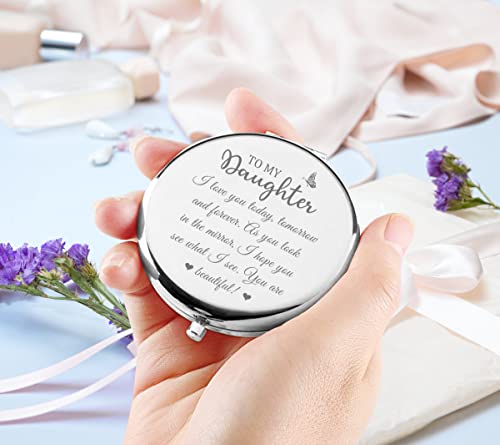 Kukeyiee To My Daughter Sliver Compact Travel Cosmetic Makeup Mirror, Handheld Small Portable Pocket Folding Mirror For Daughter, Birthday, Graduation, Engagement, Wedding, From Mom Dad #TOP3