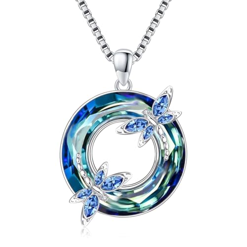 Dragonfly Crystal Necklace for Women 925 Sterling Silver Animal Blue Circle Crystal Pendant Birthday Jewelry Gifts for Daughter