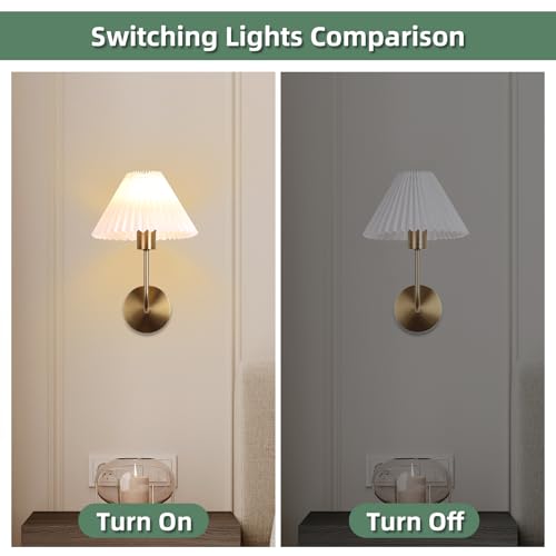 Wall Sconces Sets of 2, White Pleated Fabric lampshade, Brushed Gold Wall Lamp Curved Wall Lighting Bathroom Dresser Hardwired sconces wall decor Fixture Applicable to Living Room Bedroom Dining Room by KELUOLY - Image 5