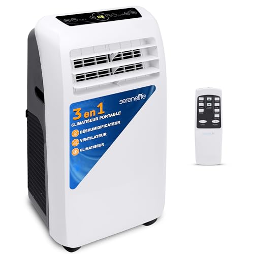 SereneLife Climatiseur Mobile Silencieux,9000 BTU,Climatiseur Portable 3-en-1 avec Fonction Déshumidificateur Intégré,Mode Ventilateur,Télécommande,Kit d'Évacuation Complet Montable sur Fenêtre,Blanc