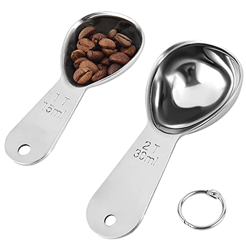 Kalsreui Coffee Scoop Set Of 2, 18/8 Stainless Steel Coffee Scoops, 2 Measuring Coffee Spoons With 1 Ring, Metal 1 & 2 Tbsp Coffee Scoop For Ground Coffee, Tablespoon Measure Spoon For Canisters #TOP5