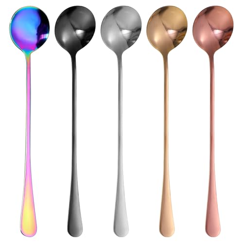 Guduling 5pcs Latte Spoons Long Handle, Long Teaspoons Colorful, Sundae Spoons, Stainless Steel Long Handled Tablespoons for Coffee, Tea and Dessert Sundae, 7.48in