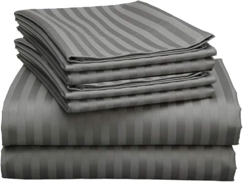Image of 400 TC Cotton Elastic Fitted Bedsheet with 2 Pillow Covers for Double Bed 48 x 75 6 Inches Dark Grey Stripe Color Fitted Sheet