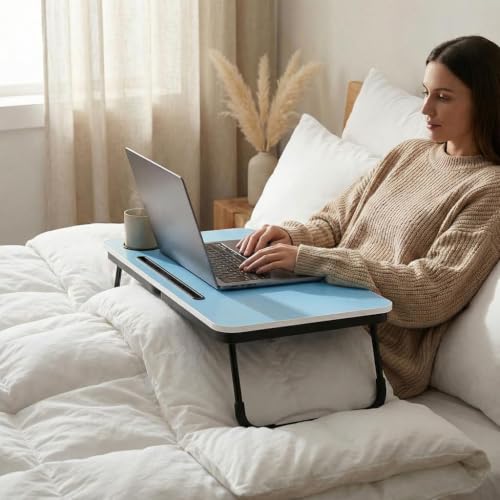 Image of BUYIFY 23.4 inch Foldable Lap Desk Bed Table with Cup Holder Tray Blue