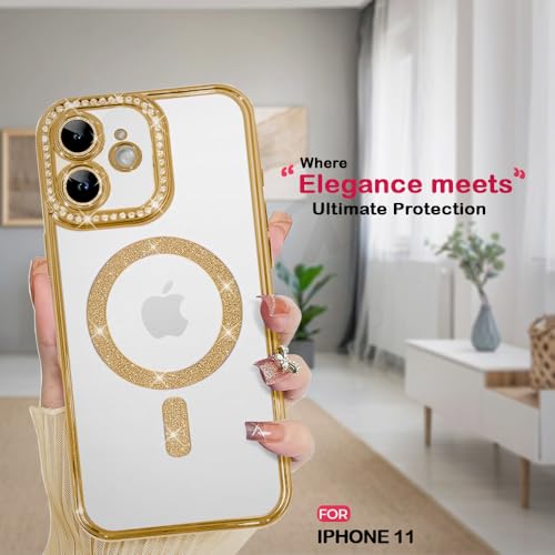Image of AESTMO Back Cover for iPhone 11 Compatible with MagSafe | Diamond Glitter Case | Luxury Bling Rhinestone Soft Clear TPU Bumper | Camera Lens Protection Cover for iPhone 11 (Gold)