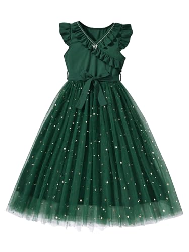 WDIRARA Girl's V Neck Ruffle Sleeve A Line Dress High Waist Mesh Tulle Dress
